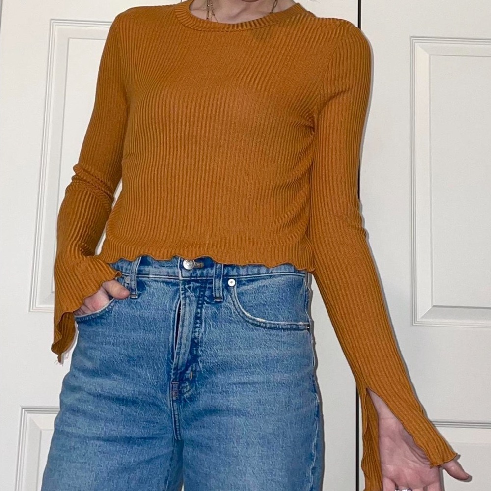 Burnt Orange Ribbed Crop Top with Bell Sleeves